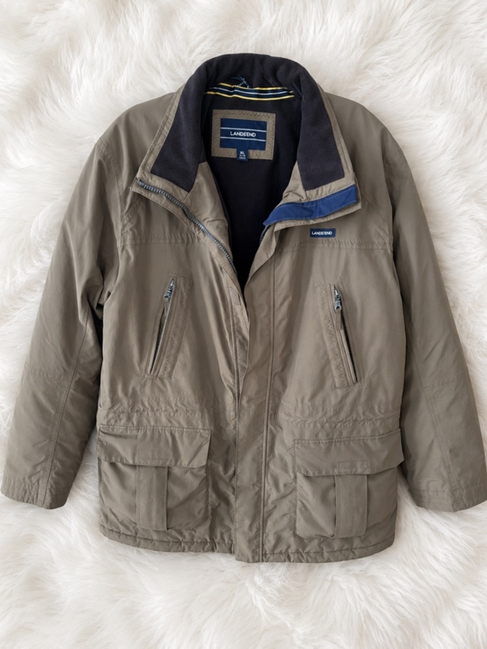 Lands End Mens Olive Jacket with Navy Trim
